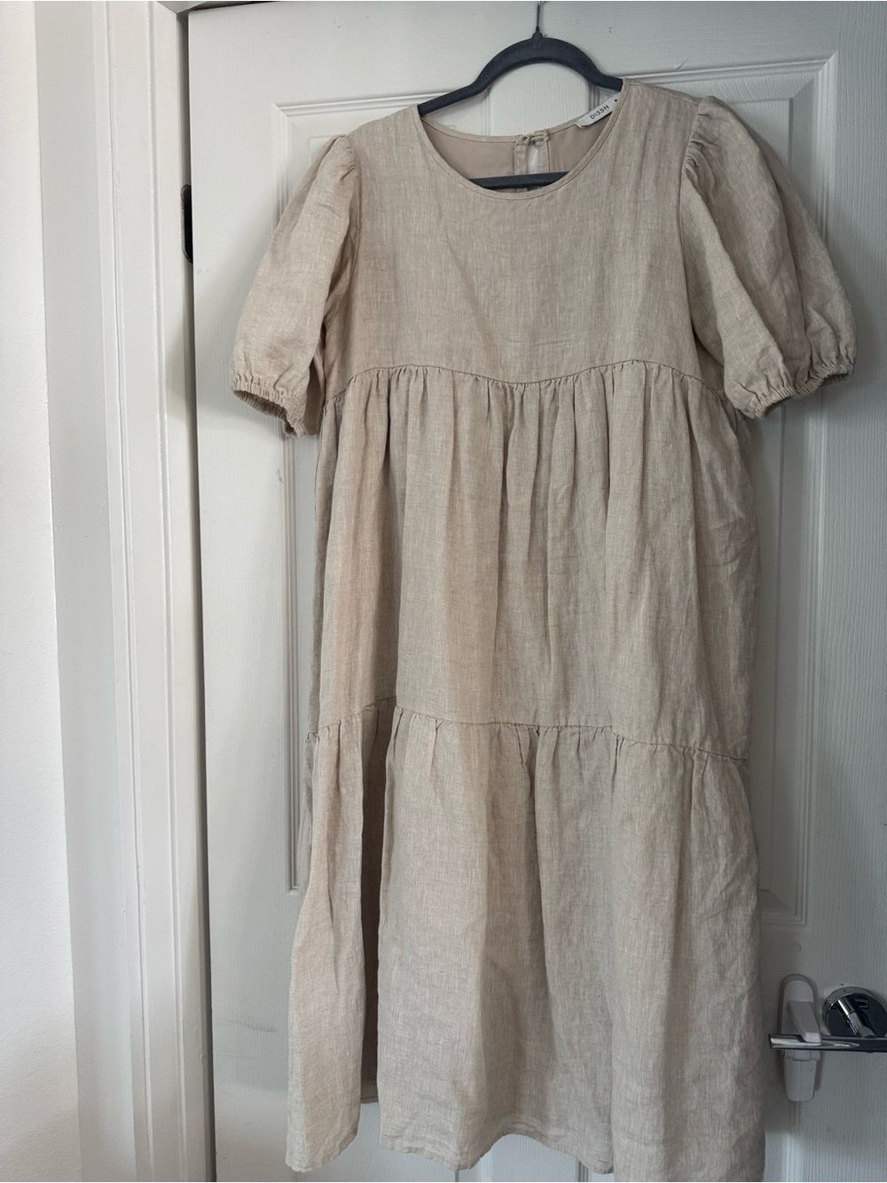 DISSH Natural Beige Puff-Sleeve Tiered Midi Dress